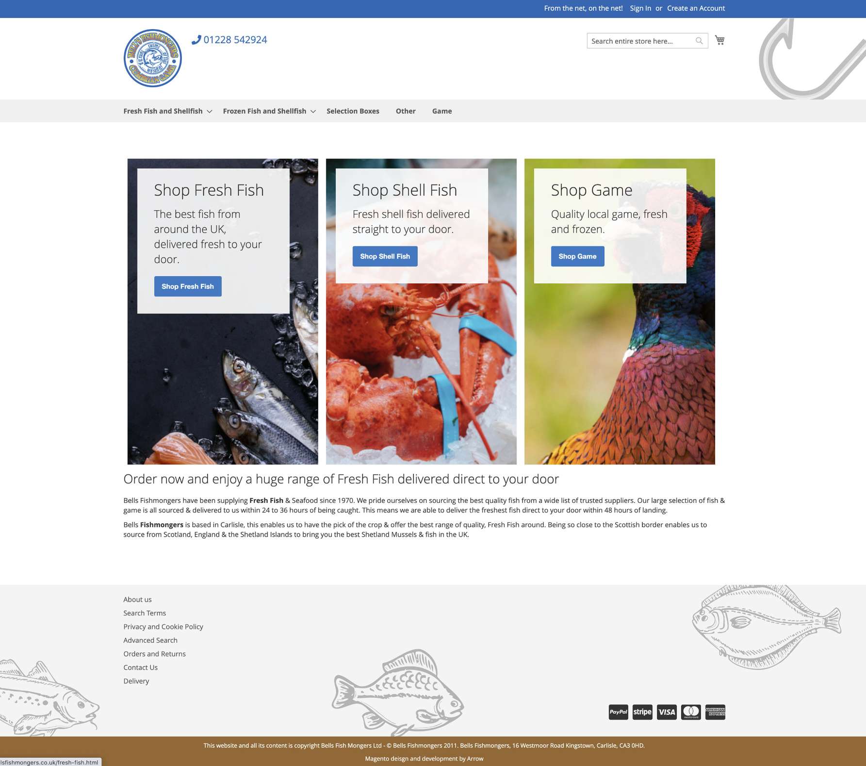 Screenshot taken from the Magento 2 website for Bells Fishmongers. Magento 2 development by Arrow.