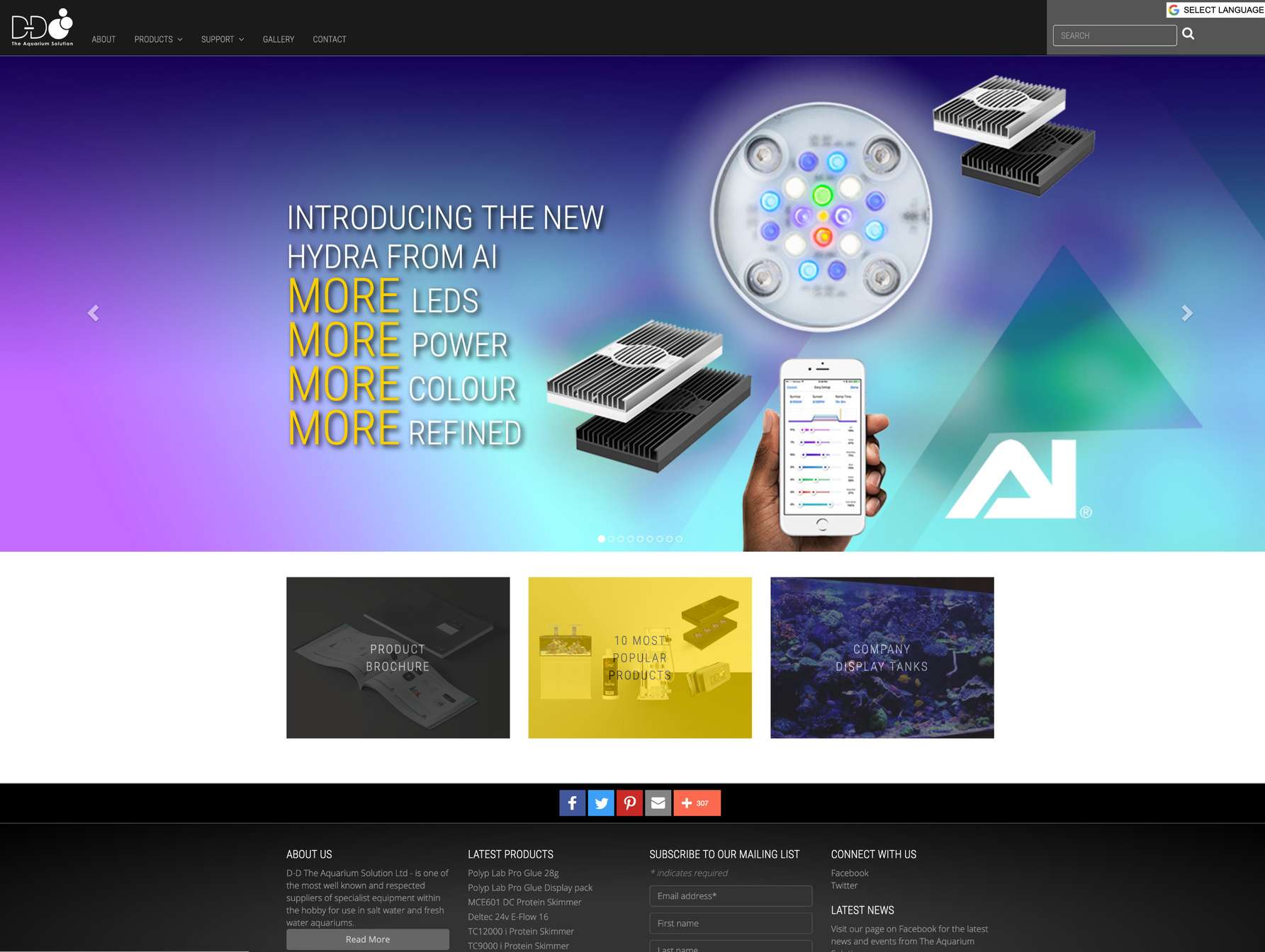 Screenshot taken from the Drupal website for D-D The Aquarium Solution. Drupal development by Arrow.